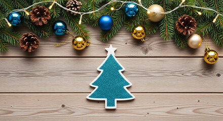 festive christmas tree decoration, sparkling teal pine silhouette with white star, on rustic wooden planks, with fir branches, pinecones, fairy lights, baubles, and bokeh, holiday background