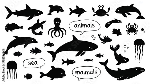 An illustration featuring various sea animals and marine mammals in their natural ocean environment.