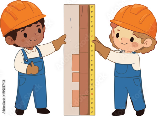 Cute construction worker kids measuring wall with ruler cartoon illustration builder teamwork masonry safety education playful characters concept design