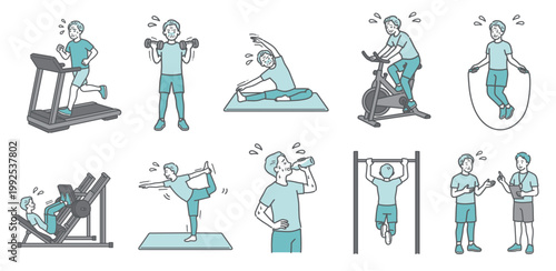 様々な運動を辛そうにするシニア男性の10点セットイラスト（標準体型）