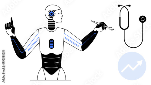 Healthcare innovation, AI diagnostics, robotics in medicine, futuristic treatment, medical progress, technology integration. A robot interacts with a stethoscope and analytics icon. Healthcare