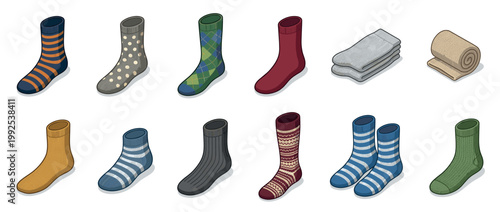 Collection of various colorful patterned socks displayed in an isometric view, showcasing different styles and textures for everyday wear.