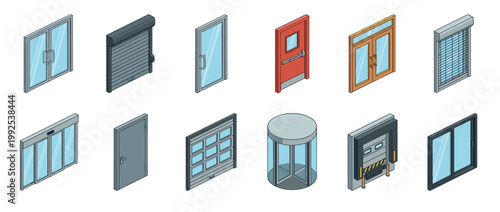 Isometric vector illustration set of various modern doors, windows, and shutters for building entrances and architectural design elements.