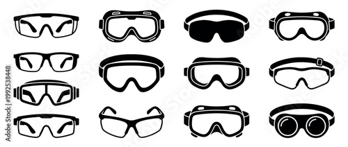 Diverse array of safety glasses and goggles in black and white icon style for industrial and recreational use.