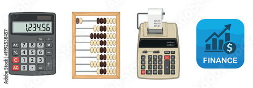 Various calculation tools and finance icon representing accounting, mathematics, and financial management concepts for business and education.