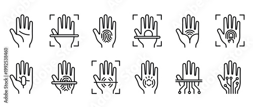 Collection of hand scanning and biometric security icons illustrating digital identification and access control systems for modern technology.