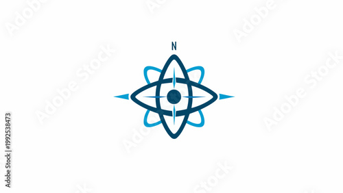 Modern Blue Compass Rose and Atom Symbol Integration, Minimalist Navigation and Science Logo Icon for Technology, Research, Physics, and Global Exploration Concepts on White Background