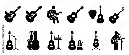 Guitar icons illustrating various playing positions, accessories, and musical activities for musicians and music lovers.