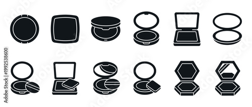 Collection of compact powder cases and makeup compacts, illustrating different designs and styles for cosmetic products.