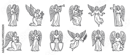 Collection of various angels depicted in different poses and holding symbolic objects, illustrating spiritual themes and religious concepts.