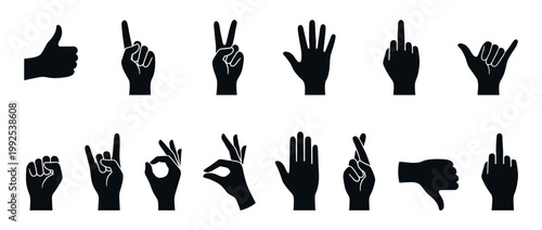 Hand gestures collection showing various human communication signs and symbols for expression and interaction.