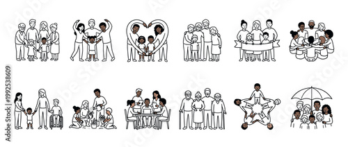 Diverse people groups illustrating family, community, and social support through various inclusive interactions and activities.