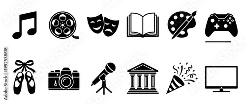 Arts entertainment media culture icons set representing various creative hobbies, leisure activities, and digital content in a simple graphic design.