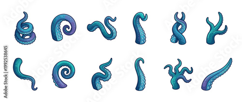 Octopus tentacles, sea monster arms, kraken limbs in various cartoon styles and dynamic poses, representing marine life.