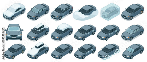 Gray car winter conditions isometric illustration set depicting various challenges like snow, ice, and freezing temperatures for vehicle maintenance and driving.
