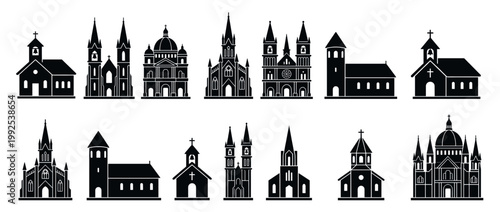 Churches, religious buildings, cathedrals, chapels vector icon set showcasing various architectural styles and designs for Christian worship places.