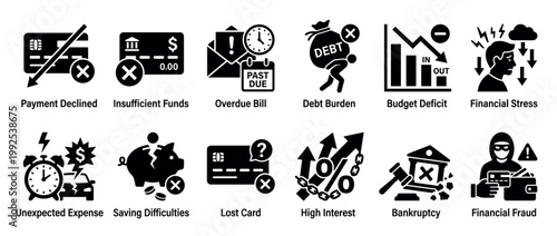 Various financial problems and economic difficulties are depicted through a series of modern black glyph icons.
