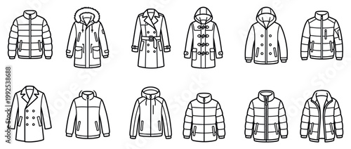 Collection of various coats and jackets in outline style, featuring different designs for cold weather apparel.