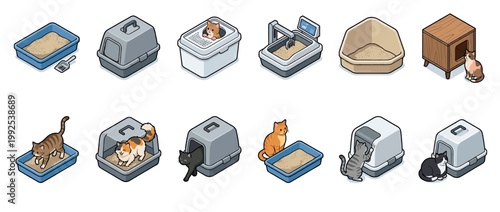 Collection of cat litter boxes and feline pets in various isometric illustrations depicting different types of pet hygiene solutions and animal care.