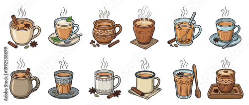 Collection of steaming hot chai tea beverages in various cups and mugs with aromatic spices like cinnamon and star anise.
