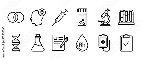 Collection of medical and science line icons representing healthcare, laboratory research, diagnosis, and treatment concepts in a modern vector style.