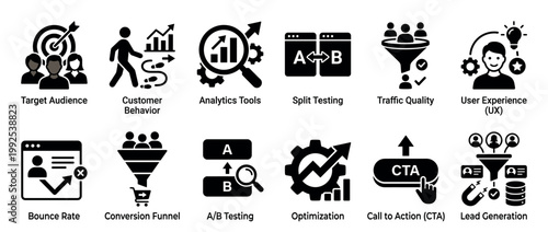 Digital marketing and web analytics icons representing various business strategies and online performance metrics.