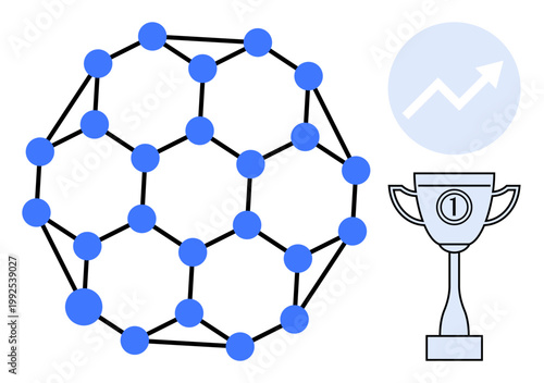 Network connectivity. Network connections ed by sphere, trophy achievements, and growth chart indicating upward progression. Network in communication, growth, technology, teamwork, innovation