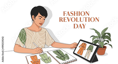 An illustration shows a designer sketching outfits on paper and reviewing garment designs on a tablet, promoting fashion transparency for Fashion Revolution Day with bright colors