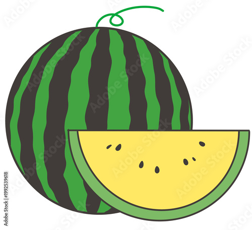 Whole watermelon with yellow half-slice/スイカと黄色い半月切りのスイカ