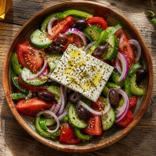 Choriatiki Bauernsalat im rustikalen Stil mit Feta
Choriatiki Bauernsalat mit Feta, Oliven, Gurke und Tomaten in kräftigen Farben auf rustikalem Untergrund.