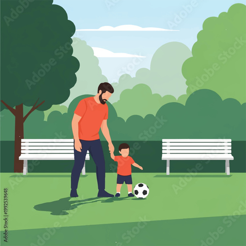A father teaching his toddler how to dribble a soccer ball in a minimalist green park with white benches. Morning light, gentle mood. Minimalist flat vector artwork, clipart style, absolute