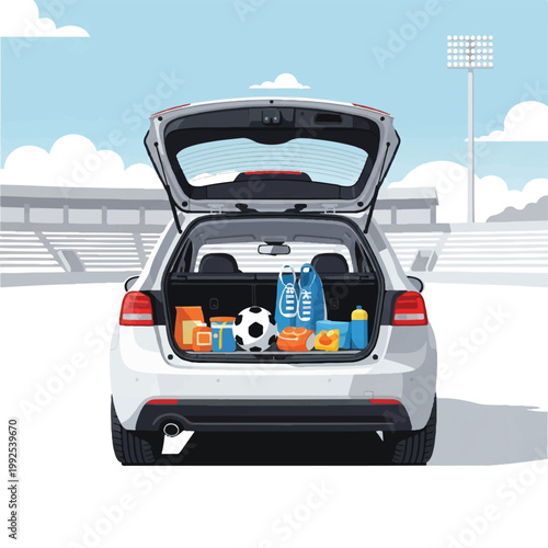 Minimalist SUV with an open trunk filled with soccer gear and snacks in a stadium parking lot. Bright sunny day. Minimalist flat vector artwork, clipart style, absolute solid block colors,