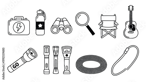 A black and white line art illustration of various camping gear and tools neatly arranged.