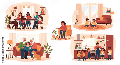 Diverse families and individuals enjoying time together in various domestic settings with living room multi ethnic domestic life togetherness