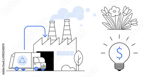 Environmental sustainability, waste recycling, green energy, clean manufacturing, eco-friendly living, cost efficiency. A recycling truck, factory flower light bulb with dollar sign. Waste