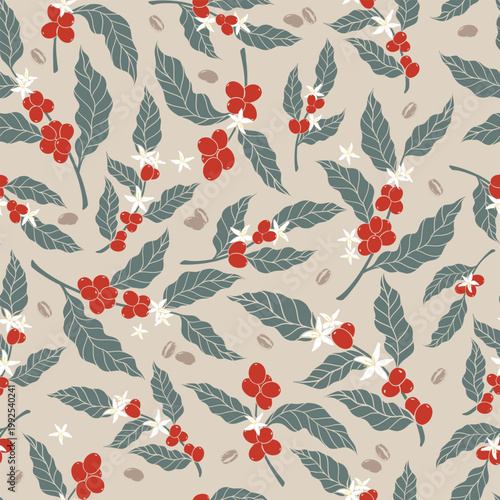 Coffee Plant Seamless Pattern with Red Coffee Cherries and Leaves Botanical Style