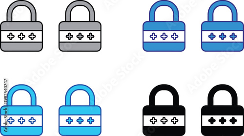 Blue padlocks with plus symbols secure system privacy settings access control data security information protection digital lock personal security secure network account security key icon
