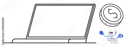 Financial technology, automation, digital economy, online transactions, currency, innovation. Image a laptop, currency coin and robot. Financial technology and automation ion