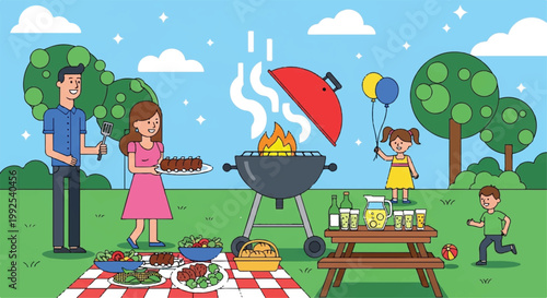 Family enjoying a summer barbecue in a park with food drinks balloons barbecue recreation children gathering childhood relaxation illustration