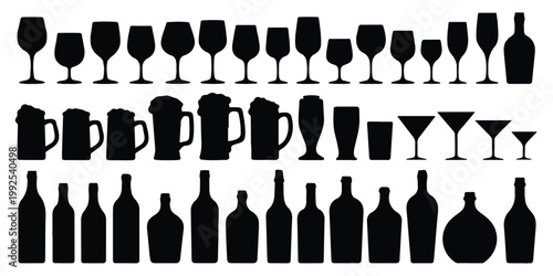 A black and white illustration of various drinkware silhouettes arranged in rows on a plain background