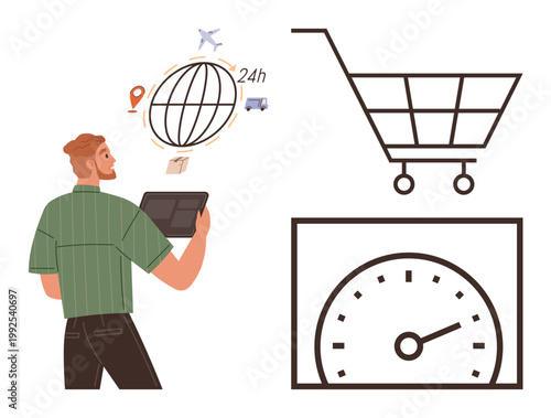 Online shopping, shipping logistics, global trade, e-commerce speed, inventory management, business technology. A man uses a tablet displaying icons for global network and shopping. E-commerce