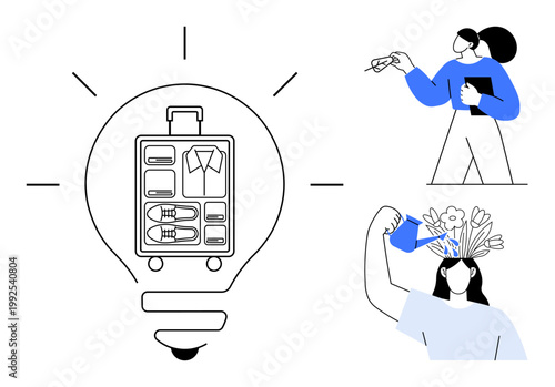 Creativity, innovation, self-care, organization, travel planning, and personal growth. Light bulb with organized suitcase, person holding clipboard and figure watering flowers. Creativity