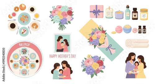 Mother's day gift and celebration elements including flowers food family portraits with food spread flat design icon set celebration appreciation