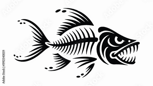 A fish skeleton illustration features a menacing fish head and fins on a white surface