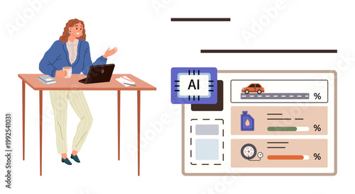 Technology, data analysis, automation, artificial intelligence, business tools, digital workflows. Woman working at desk with dashboard showing AI insights and progress bars. Technology and data