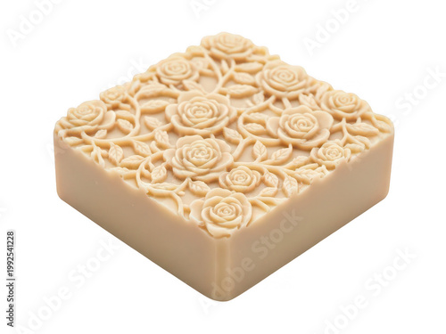 Decorative rose-embossed soap bar isolated on transparent background