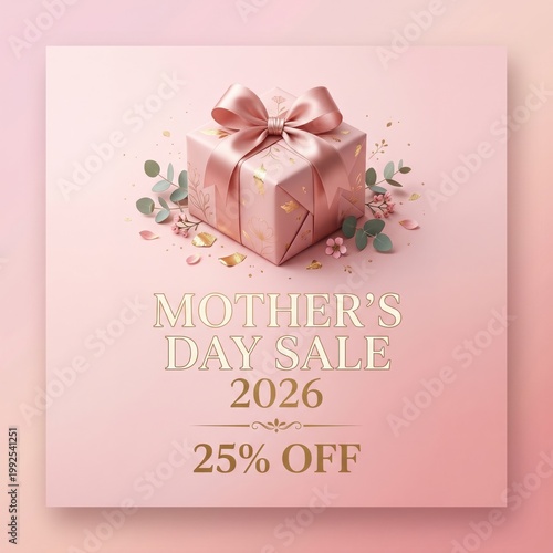 Mothers day sale 2026 promotional banner with a pink gift box, gold accents, and floral decorations