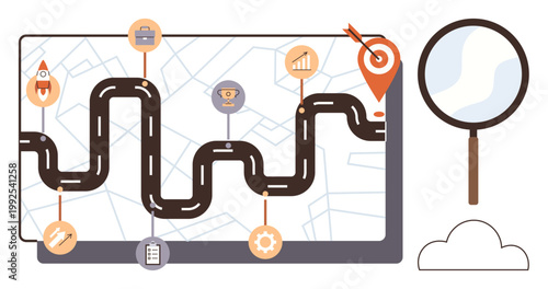 Business planning, strategic goals, navigation, progress tracking, data analysis, roadmaps. Winding path with icons and target marker, magnifying glass map background. Business planning