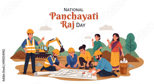 Illustrated vector celebrates National Panchayati Raj Day, depicting construction workers in vests and hardhats gathered around a blueprint with an excavator in the background