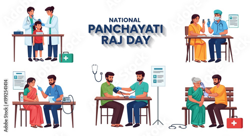 Illustrations depict scenes of rural healthcare and local governance for India's National Panchayati Raj Day, showcasing doctors providing medical services against a clean white background